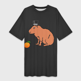 Платье-футболка 3D с принтом Капибара в цилиндре в Санкт-Петербурге,  |  | capybara | апельсин около капибары | капибара в шляпе | капибара мем | капибара с апельсином | морская свинка | покерфейс капибара | цилиндр