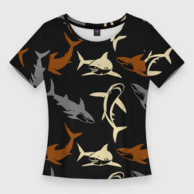 Женская футболка 3D Slim с принтом Стая акул  паттерн  ночной океан в Санкт-Петербурге,  |  | Тематика изображения на принте: fin | jaw | night | ocean | pack | pattern | shark | tail | teeth | акула | зубы | ночь | океан | пасть | паттерн | плавник | стая | хвост