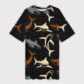 Платье-футболка 3D с принтом Стая акул  паттерн  ночной океан в Санкт-Петербурге,  |  | Тематика изображения на принте: fin | jaw | night | ocean | pack | pattern | shark | tail | teeth | акула | зубы | ночь | океан | пасть | паттерн | плавник | стая | хвост