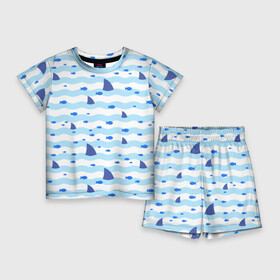 Детский костюм с шортами 3D с принтом Волны, рыбки и плавники акул  паттерн в Санкт-Петербурге,  |  | fin | fish | pattern | shark | wave | акула | волна | паттерн | плавник | рыба