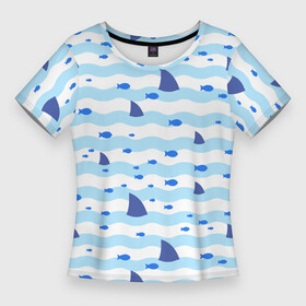 Женская футболка 3D Slim с принтом Волны, рыбки и плавники акул  паттерн в Санкт-Петербурге,  |  | fin | fish | pattern | shark | wave | акула | волна | паттерн | плавник | рыба