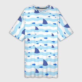 Платье-футболка 3D с принтом Волны, рыбки и плавники акул  паттерн в Санкт-Петербурге,  |  | fin | fish | pattern | shark | wave | акула | волна | паттерн | плавник | рыба