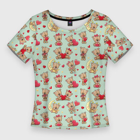 Женская футболка 3D Slim с принтом мишки с сердечками и с месяцем в Санкт-Петербурге,  |  | медведи | медведь | медвежата | мишка | мишки | паттерн