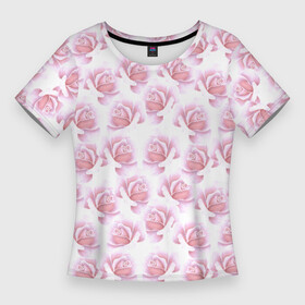 Женская футболка 3D Slim с принтом Нежные розы  паттерн в Санкт-Петербурге,  |  | flowers | petals | pink | roses | seamless pattern | лепестки | нежность | паттерн | роза | розовый | розы | цветы