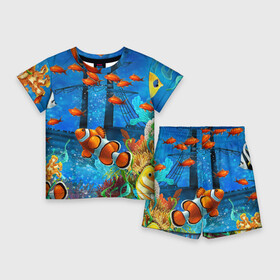 Детский костюм с шортами 3D с принтом Затонувший корабль в окружении обитателей океана в Санкт-Петербурге,  |  | coral | fish | ocean | seaweed | ship | водоросли | корабль | кораллы | океан | рыбы