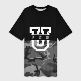 Платье-футболка 3D с принтом FCK gray military в Санкт-Петербурге,  |  | camouflage | censored | dark | fck | gray | military | phrase | text | аббревиатура | буквы | военный | камуфляж | латиница | мат | надпись | серый | слово | текст | темный | фраза