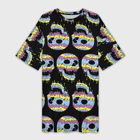 Платье-футболка 3D с принтом Прикольные красочные черепа  паттерн в Санкт-Петербурге,  |  | color | jaw | neon | pattern | skull | teeth | зубы | неон | пасть | паттерн | цвет | череп
