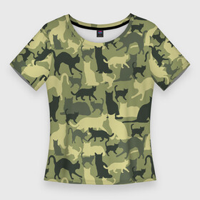 Женская футболка 3D Slim с принтом Кошачий камуфляж в зеленой гамме в Санкт-Петербурге,  |  | camouflage | камуфляж | коты | маскировка | паттерн