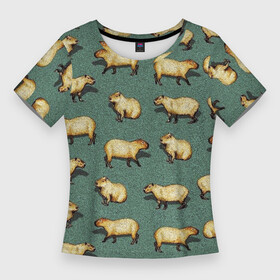 Женская футболка 3D Slim с принтом Капибары на траве в Санкт-Петербурге,  |  | Тематика изображения на принте: capybara | водосвинка | животные | капибара