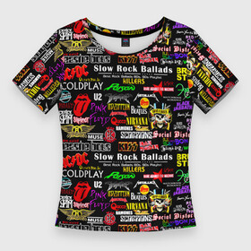 Женская футболка 3D Slim с принтом Best rock ballads в Санкт-Петербурге,  |  | ac dc | black sabbath | bon jovi | deep purple | guns n roses | iron maiden | kiss | led zeppelin | nirvana | pink floyd | queen | rolling stones | slayer | the beatles | u2