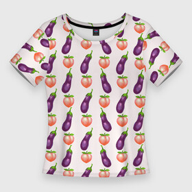 Женская футболка 3D Slim с принтом Баклажаны и персики паттерн в Санкт-Петербурге,  |  | Тематика изображения на принте: баклажан | баклажаны | веганство | еда | овощи | паттерн | персик | персики | фрукты