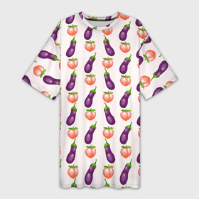Платье-футболка 3D с принтом Баклажаны и персики паттерн в Санкт-Петербурге,  |  | баклажан | баклажаны | веганство | еда | овощи | паттерн | персик | персики | фрукты