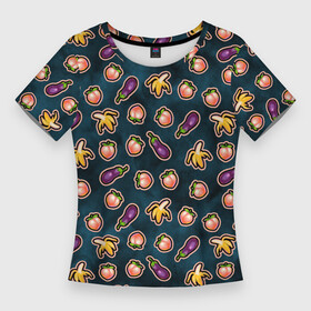 Женская футболка 3D Slim с принтом Баклажаны персики бананы паттерн в Санкт-Петербурге,  |  | баклажан | баклажаны | банан | бананы | веганство | еда | овощи | паттерн | персик | персики | фрукты