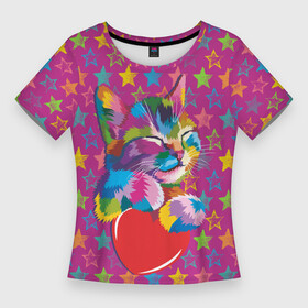 Женская футболка 3D Slim с принтом Сердечный котик в поп арте в Санкт-Петербурге,  |  | cat | животное | звезды | кот | котенок | котэ | поп арт | сердце