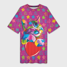 Платье-футболка 3D с принтом Сердечный котик в поп арте в Санкт-Петербурге,  |  | cat | животное | звезды | кот | котенок | котэ | поп арт | сердце