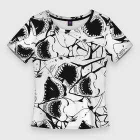 Женская футболка 3D Slim с принтом Пасти акул  паттерн в Санкт-Петербурге,  |  | fin | jaw | pattern | shark | teeth | акула | зубы | пасть | паттерн | плавник