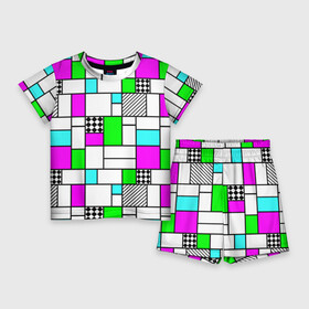 Детский костюм с шортами 3D с принтом Неоновый геометрический узор с черными линиями в Санкт-Петербурге,  |  | геометрический узор | зеленый неоновый | неоновый | неоновый принт | неоновый розовый