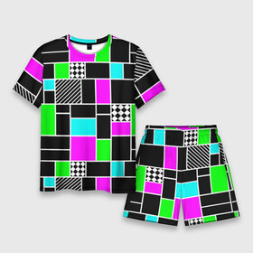 Мужской костюм с шортами 3D с принтом Неоновый геометрический узор на черном в Санкт-Петербурге,  |  | геометрический узор | зеленый неоновый | клетчатый | неоновый узор | розовый неоновый