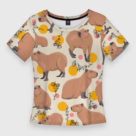Женская футболка 3D Slim с принтом Милая капибару паттерн в Санкт-Петербурге,  |  | capybara | patern | pattern | водосвинка | грызун | грызуны | капибара | капибары | патерн | паттерн
