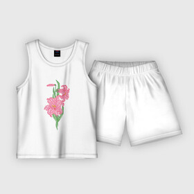 Детская пижама с шортами хлопок с принтом Розовая лилия в витражном стиле в Санкт-Петербурге,  |  | бутон | витраж | лилия | листья | розовый | стилизованный | цветок