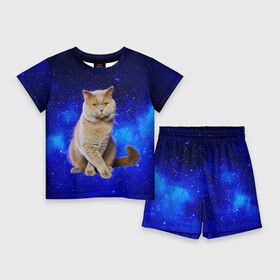 Детский костюм с шортами 3D с принтом Британский кот на фоне звёздного неба в Санкт-Петербурге,  |  | british | cat | cats | kitty | британская | британские | британский | кот | котёнок | котик | котята | кошечка | кошка
