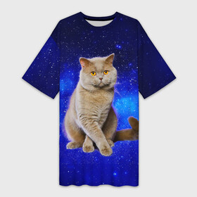 Платье-футболка 3D с принтом Британский кот на фоне звёздного неба в Санкт-Петербурге,  |  | british | cat | cats | kitty | британская | британские | британский | кот | котёнок | котик | котята | кошечка | кошка