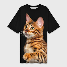 Платье-футболка 3D с принтом Бенгальский котёнок на чёрном фоне в Санкт-Петербурге,  |  | bengal | cat | cats | kitty | бенгал | бенгальская | бенгальская кошка | бенгальские | бенгальский | кот | котёнок | котята | кошка | леопард | леопардовая | леопардовый