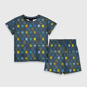 Детский костюм с шортами 3D с принтом Парад звезд на синем фоне в Санкт-Петербурге,  |  | star | звезда | звездный | звездочки | паттерн