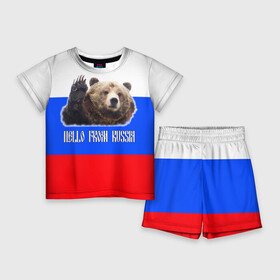 Детский костюм с шортами 3D с принтом Привет из России  медведь и триколор в Санкт-Петербурге,  |  | hello from russia | медведь | мишка | патриот | привет | привет из россии | россия | триколор
